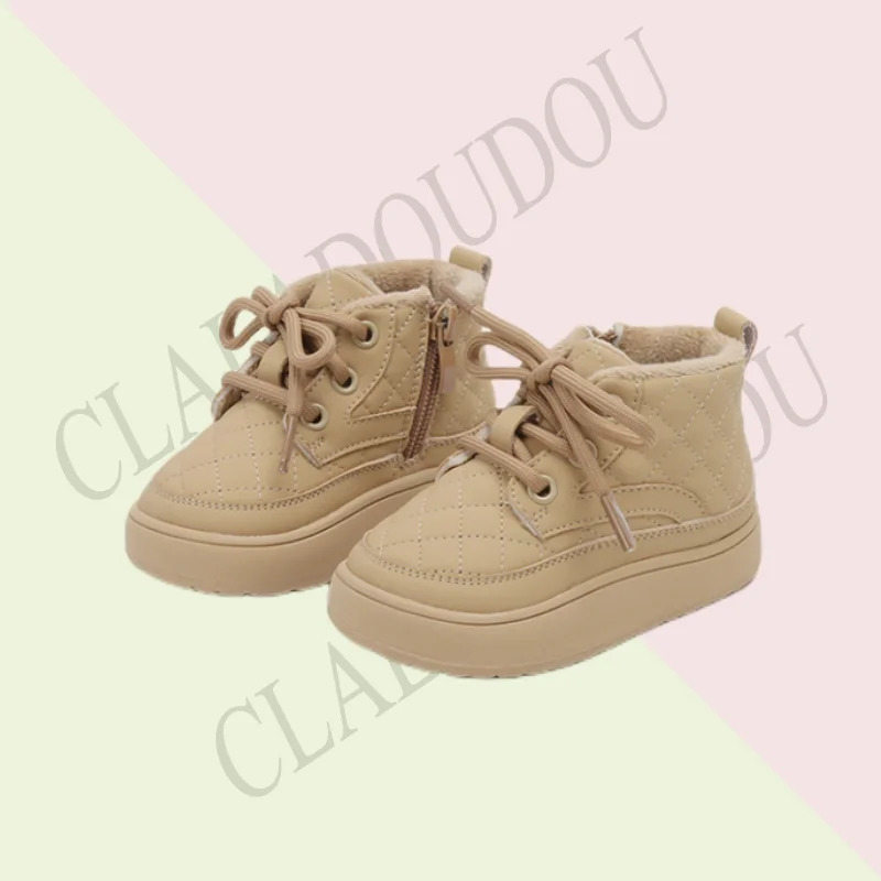 Brand Kids Winter Ankle Boots For Girls Boys Solid Sewing Fashion Snow Boots For Toddler Lace-up Winter Casual Shoe With Velvet