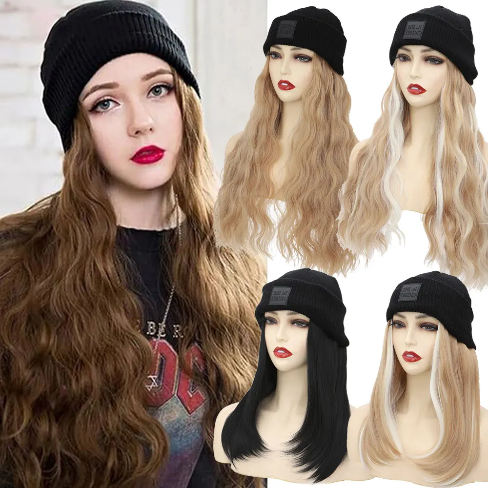 S-noilite Synthetic Black Hat Wig Beanies Hat With Hair Wigs For Women Straight Wavy Hair Warm Plush Knitted Autumn Winter Cap