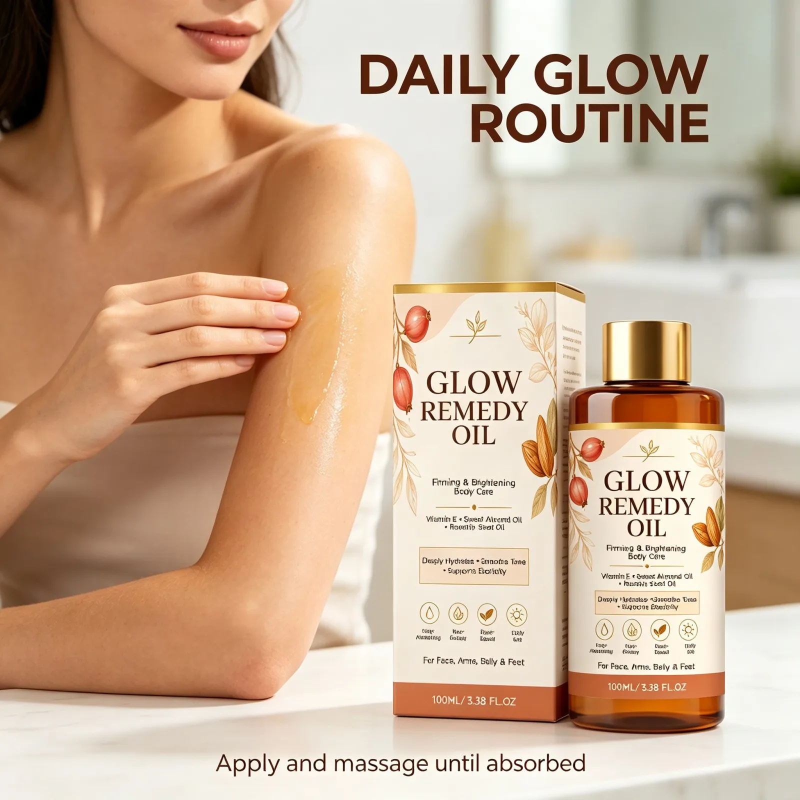 Glow Body Oil Nourishing Skin Firming Brightening Face Arms Belly Feet with Vitamin E Sweet Almond Rosehip 100ml Daily Body Care