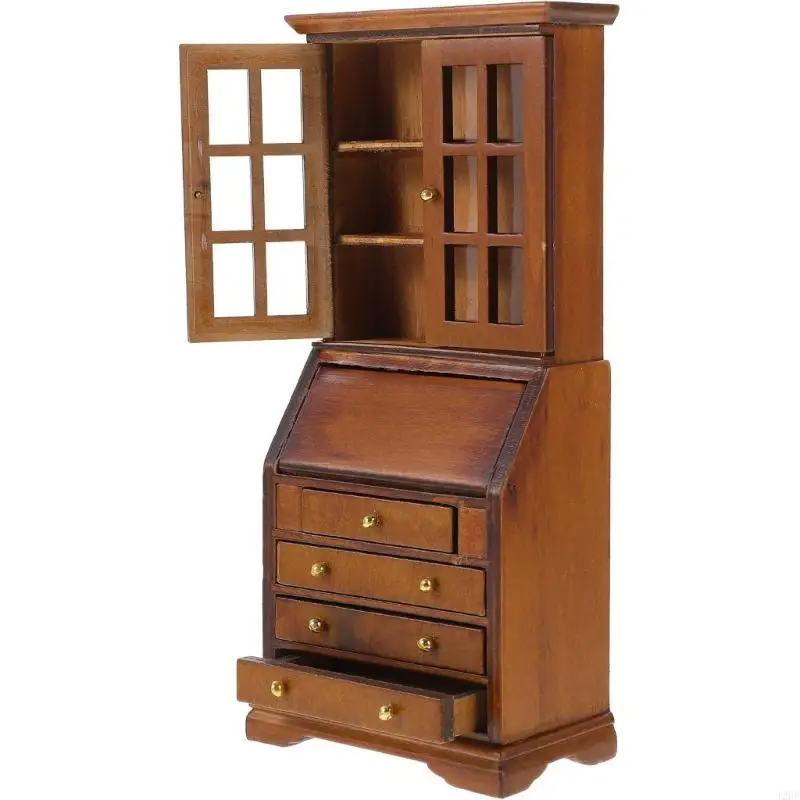

J2HF Antique Miniature Cabinet 1/12 Wooden Dollhouses Furniture Realistic Bookshelf with Functional Drawer for Scene Display