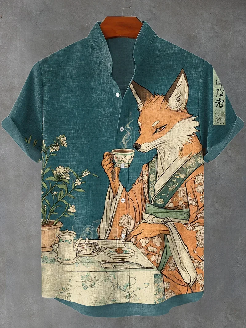 Men's Zen Style Short-Sleeved Linen Shirt with Black Background Cross Shore Flower Print, New Chinese Style Top