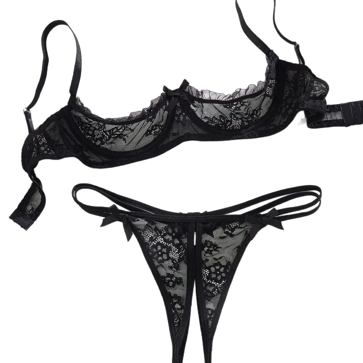 Western Quarter Cup Bra Lace Crotchless Open Panty See Through Erotic Suits For…