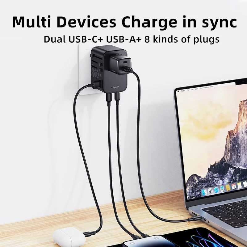 USAMS T62 Universal Travel Charger 65W Dual USB C Fast Charge Power Adapter with EU AU US UK Plug Wall Charger for Mobile Phone