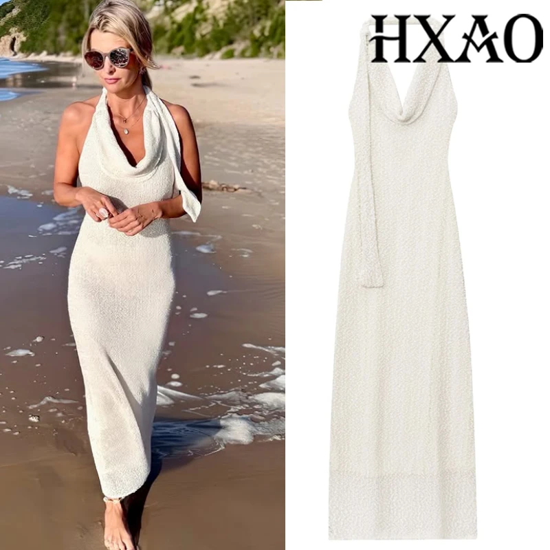 HXAO Women's Summer Dress Halter Female Long Dress Off Shoulder Elegant Party Dresses Woman Bodycon Backless Sexy Prom Dress