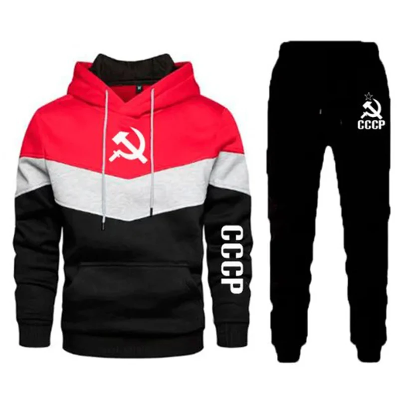 New Men Tracksuit 2 Pieces Men\'s Winter pullover Hoodies Casual CCCP USSR Soviet Union Sportswear+Pants Sweatshirt Sports Suit