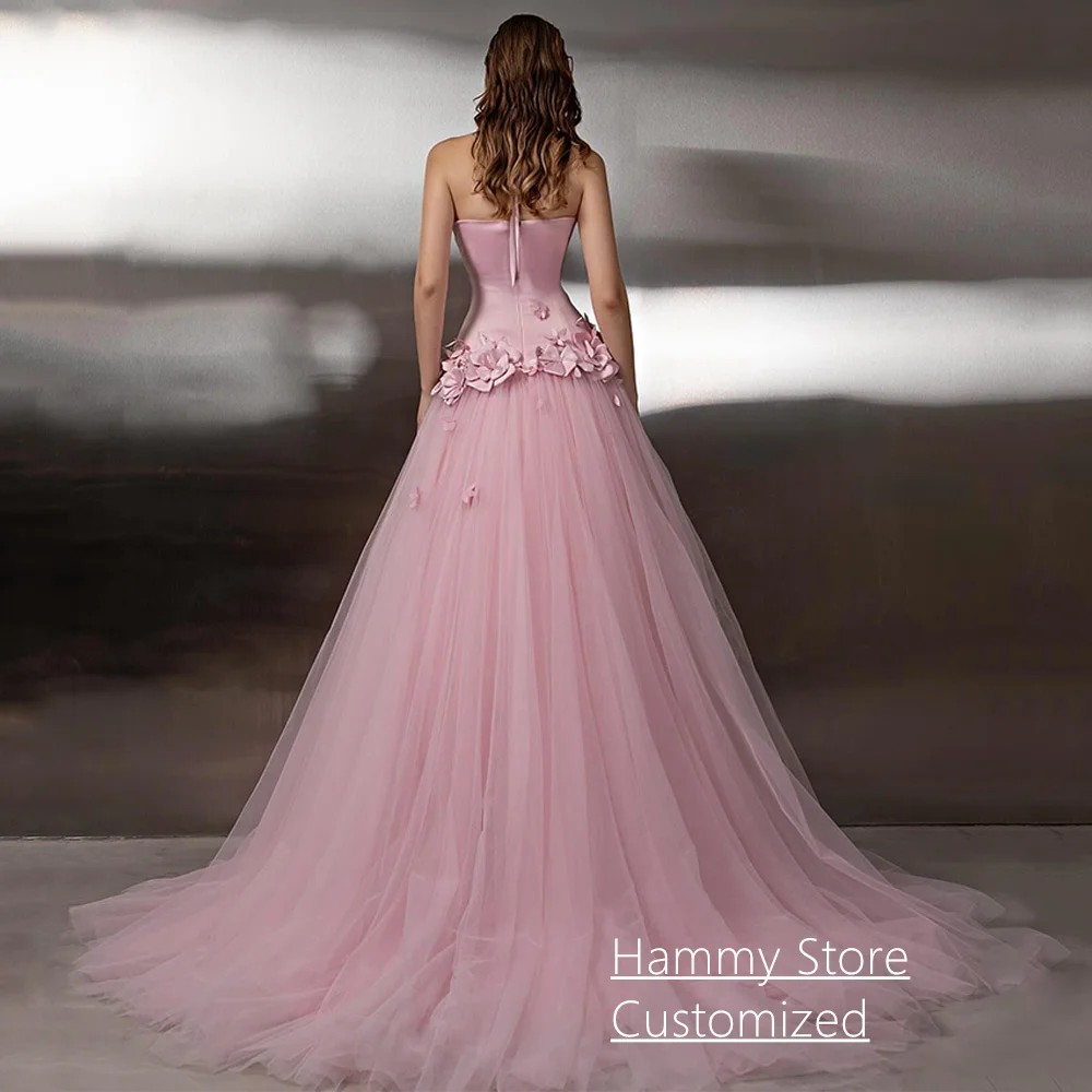 Vestido de noche de princesa personalizado Halter sin mangas flores 3d rebordear una línea tren de barrido Arabia Saudí vestido de fiesta desfile