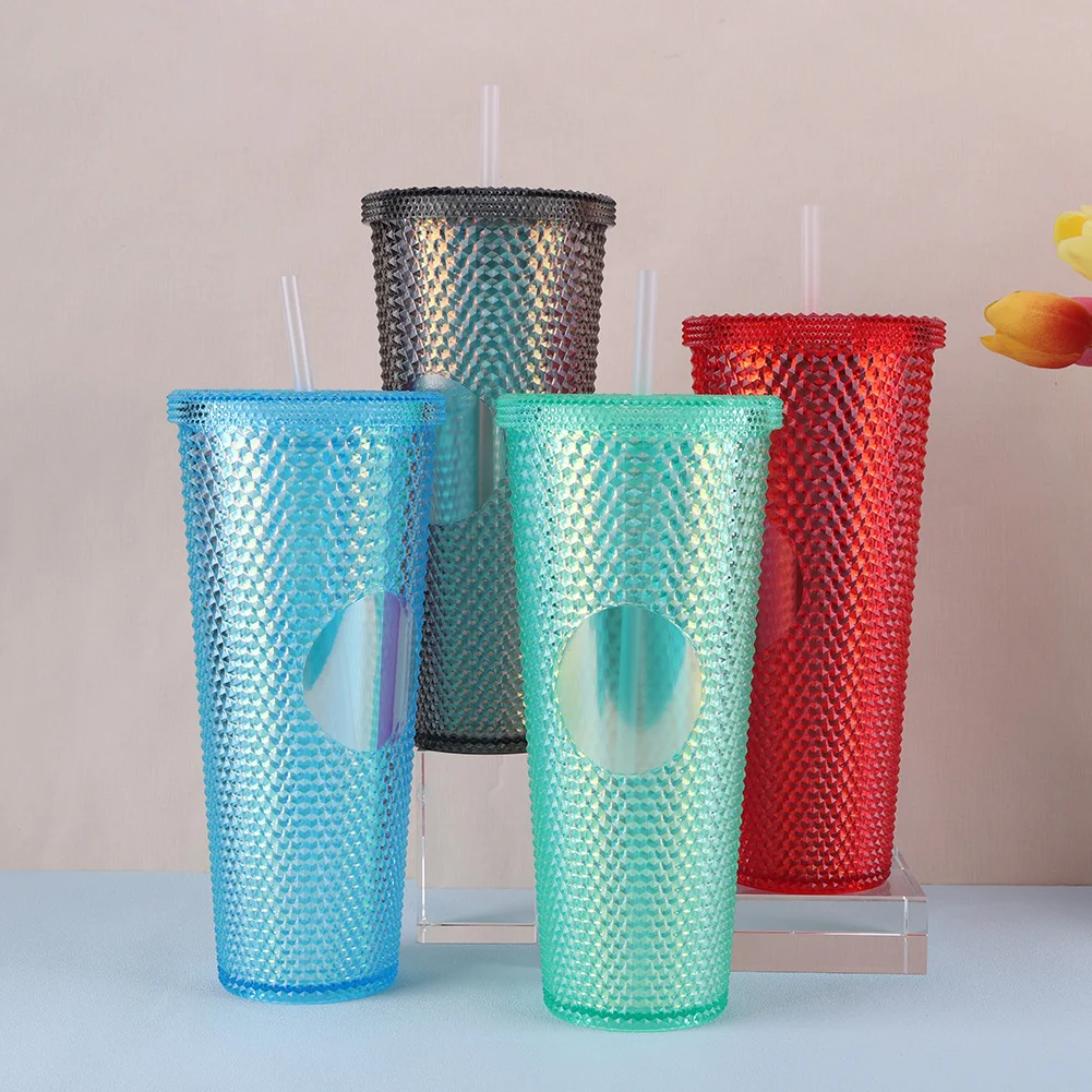 710ml Plastic Straw Cup Drinking Cup Double-Walled Rhinestone Rivet Cup with Lid Water Tumbler Large Capacity for Sports