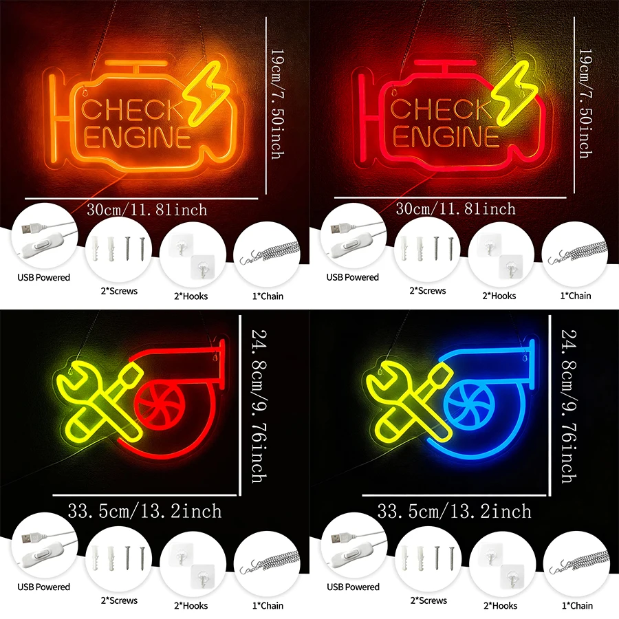 Check Engine Led Neon Sign, Repair Tool Icon, Dad'S Wall Art Gift, Man Cave, Auto Repair Shop, Workshop, Garage And Party Decor.