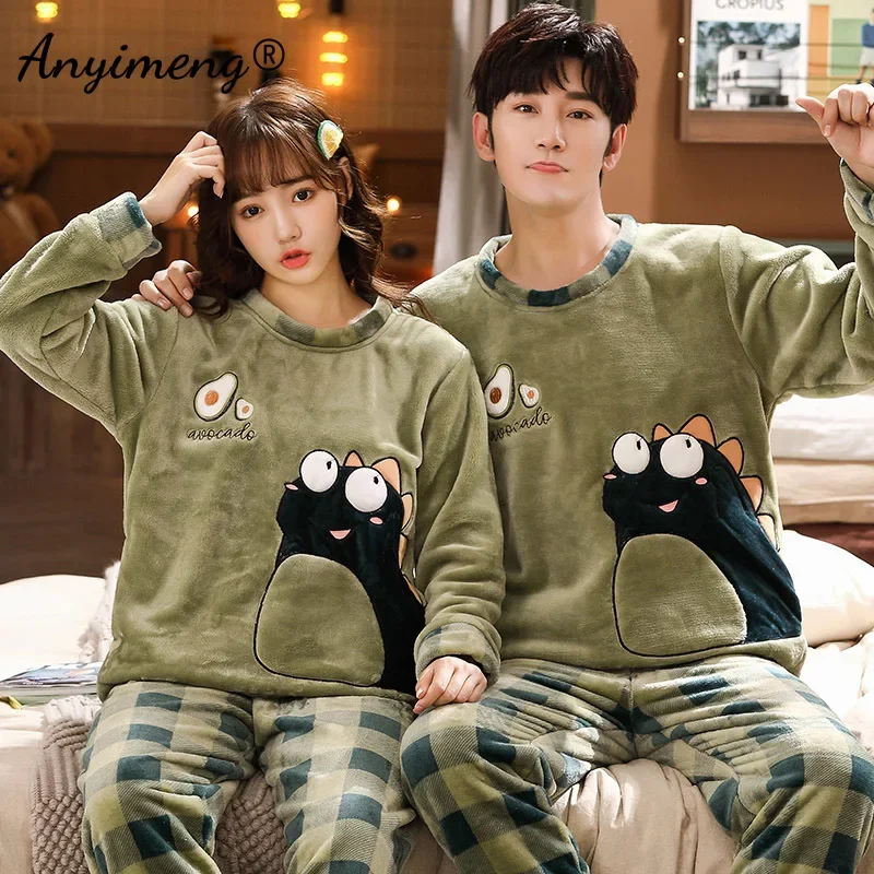 Plus Size Cute Monster Pajamas Set for Couple Fashion Homewear for Women Pullover Flannel Winter Thick Preppy Sleepwear for Men