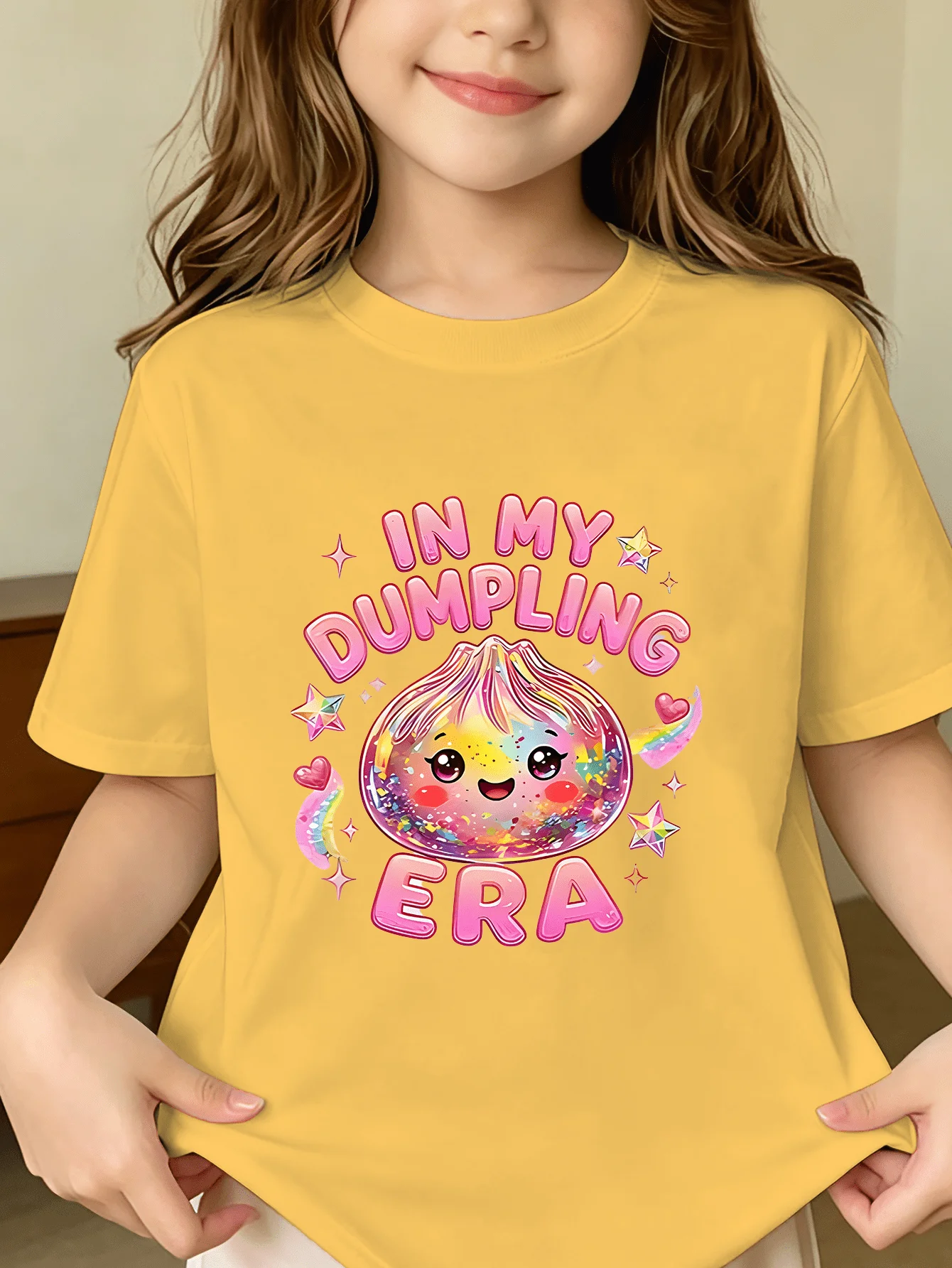 Dumpling Era Kids Tee Cartoon Food Letter Print Boys Girls Family Matching Cotton Summer Short Sleeve Basic Children Tshirt