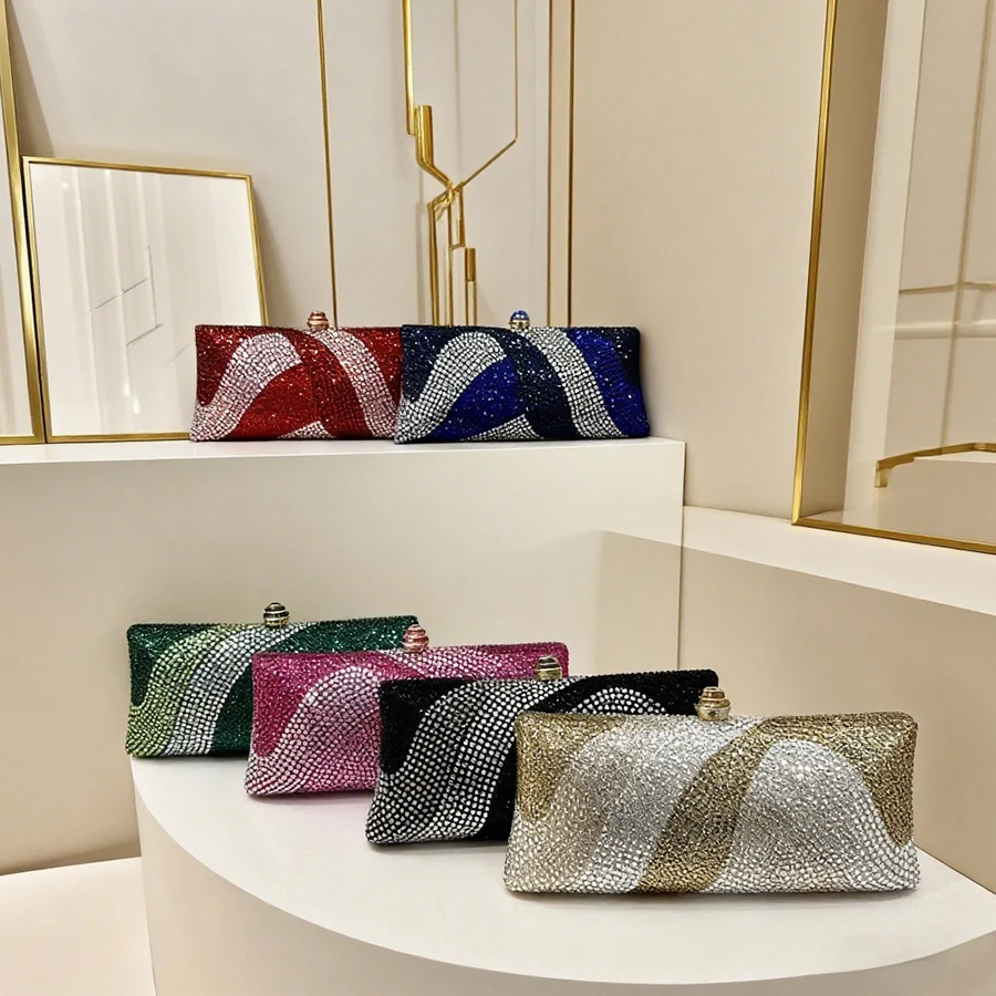 

Women Glitter Evening Bags Wedding Party Banquet Handbags Portable Gold Color Full Diamond Wedding Clutches Chains Shoulder Bags