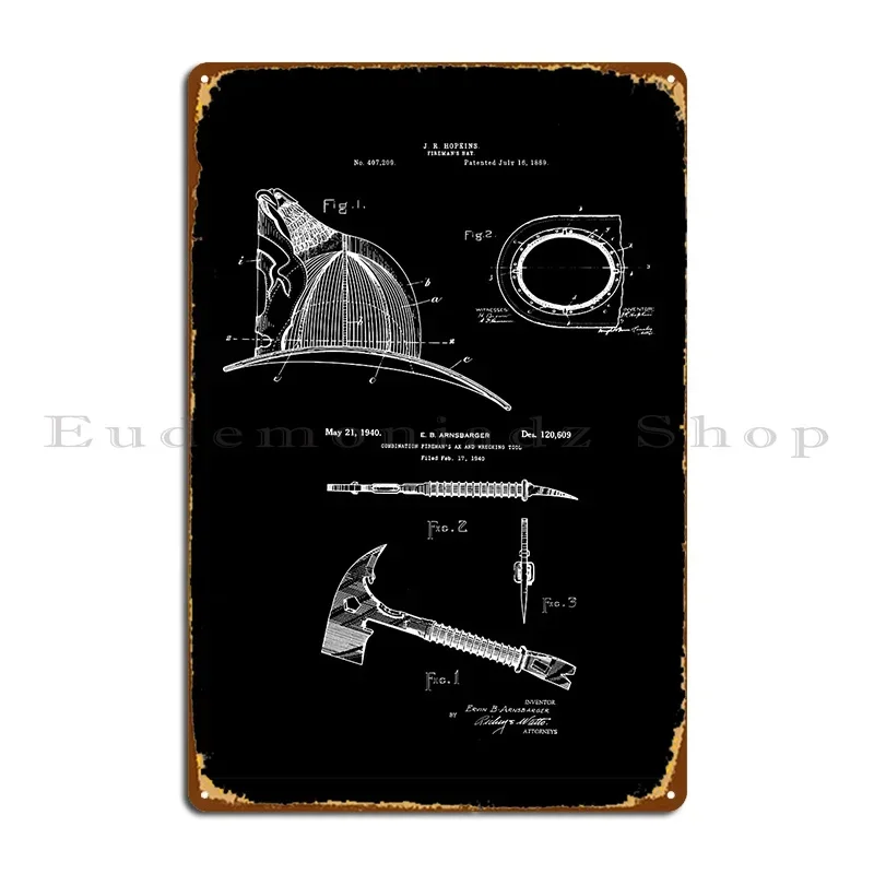 Firefighter Gift Helmet And Axe Patent Blueprints Metal Plaque Kitchen Kitchen Cinema Party Printing Tin Sign Poster