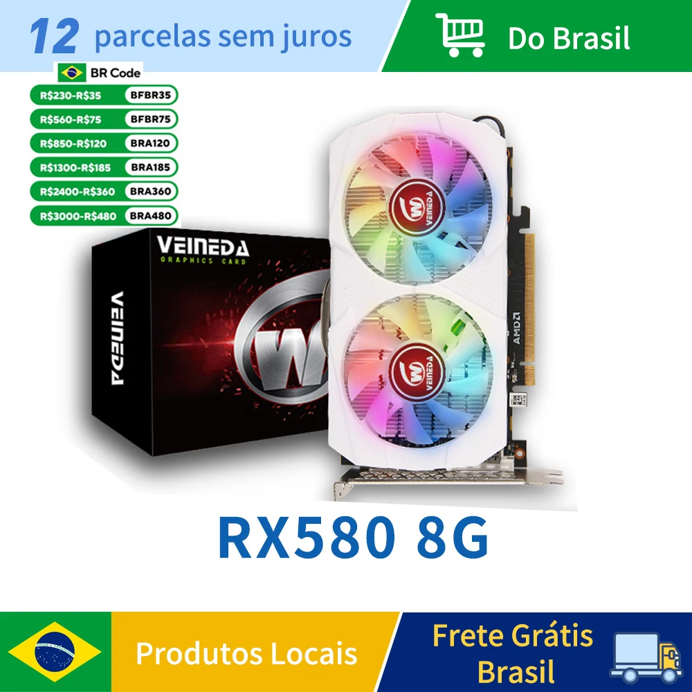 Placas gráficas Veineda RX580 8GB DDR5 GPU rx 580 8GB Placa de vídeo para jogos de PC Placa de vídeo para jogos de desktop para AMD Radeon remodelado