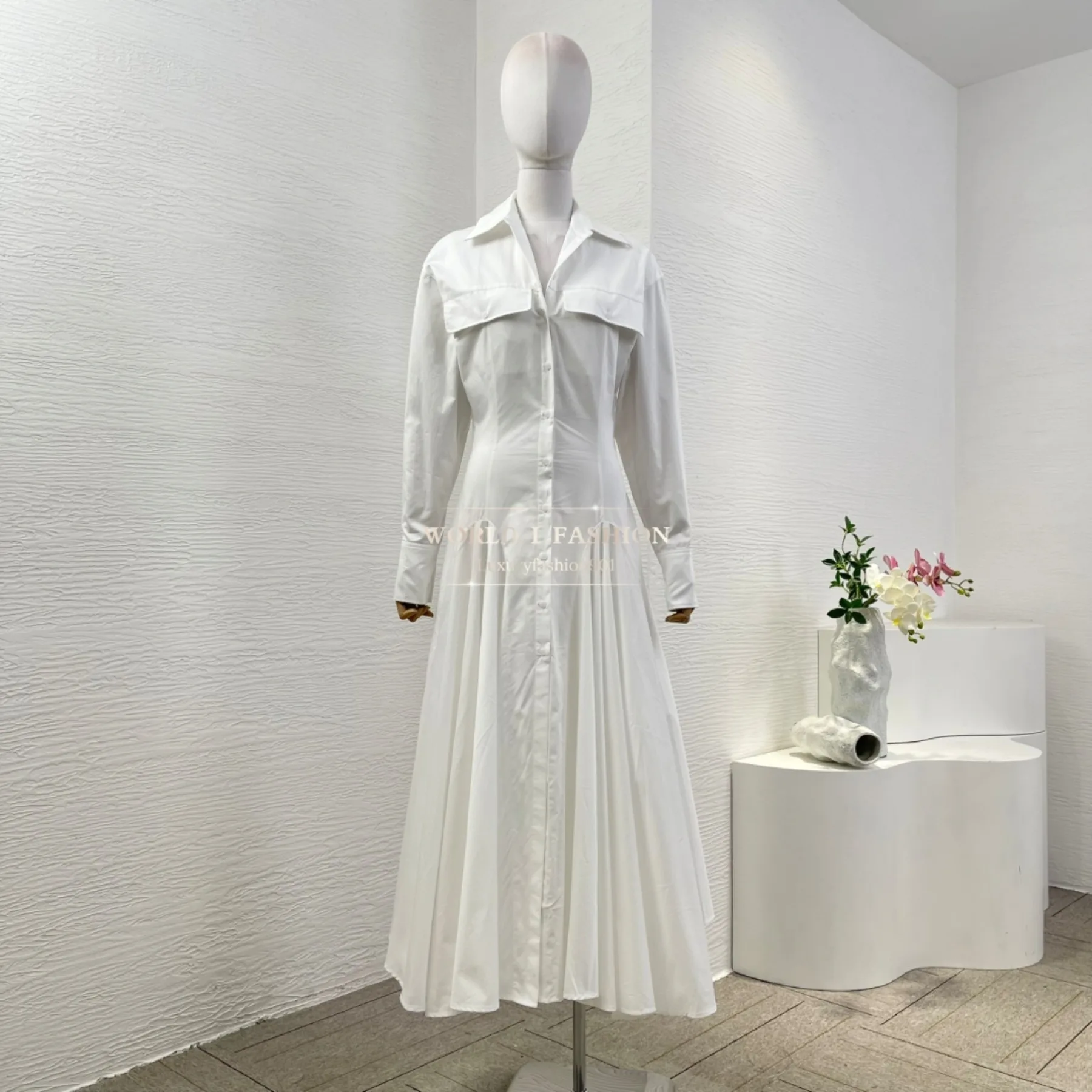 

White High Waist Long Sleeve Midi Dress