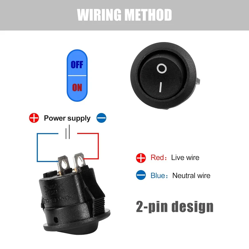 5/10pcs Round Rocker Power Switch 6A 250V AC 2 Pin 2 Position ON/Off Power Boat Switches SPST Black Button Mini Round Black Red