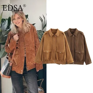 EDSA Women Suede Bomber Jacket with Flap Pockets Long Sleeves Side Zips Autumn Female High Street Outerwear