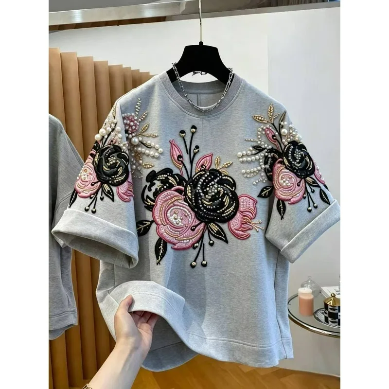 This Is A Must-have Short-sleeved T-shirt Summer Suitable for Both Men Women Comes Large Size Beaded Embroidery Loose Round Neck