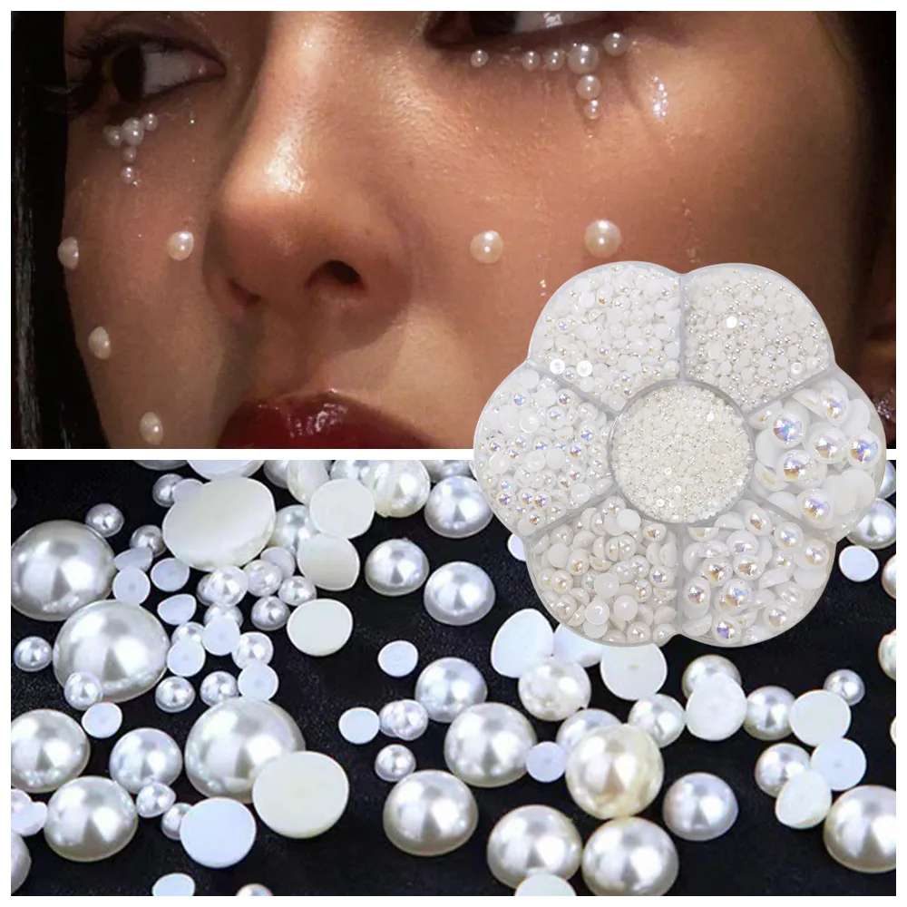 2300 pezzi/scatola oro argento bianco rosa beige perla decorazione nail art, scatola a forma di fiore, accessori di perle semicircolari per unghie fai da te