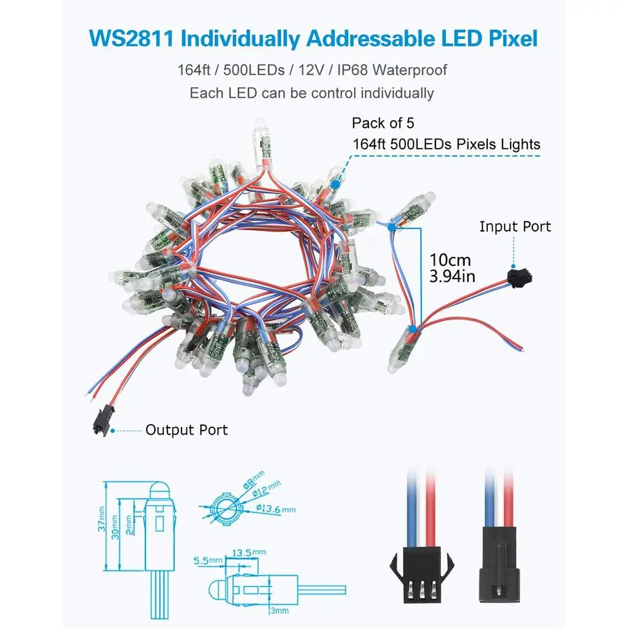 500 قطعة WS2811 قابل للعنونة بشكل فردي RGB LED بكسل ضوء 12 مللي متر مستدير منتشر اللون تغيير رصاصة بكسل ضوء في الهواء الطلق تيار مستمر 12 فولت