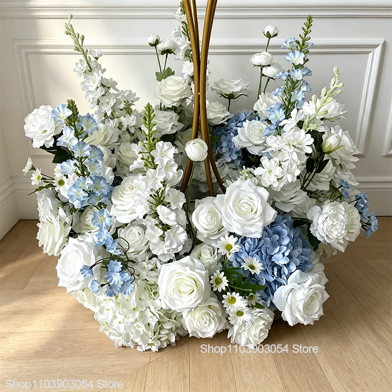 Künstlicher blau-weißer Rosen-Hyazinthen-Kranz, luxuriöse Hochzeits-Tischdekoration, Blumenarrangement, Party-Requisiten, 23,62/19,68 Zoll – Detail 1