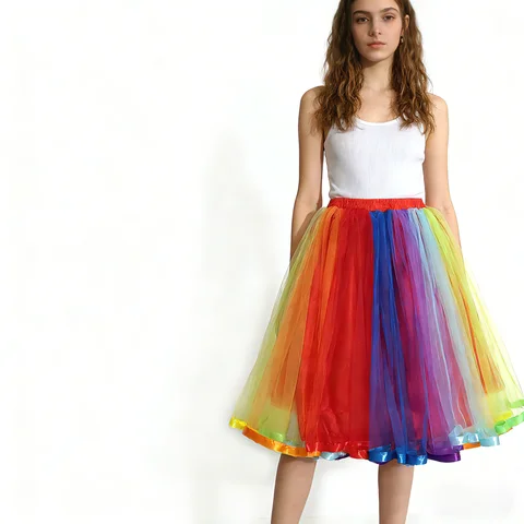 Rainbow Layered Tulle Tutu Skirt with Colorful Satin Ribbon Hem, Elastic Waist Fluffy Mesh Mini Skirt for Pride Parade Carnival