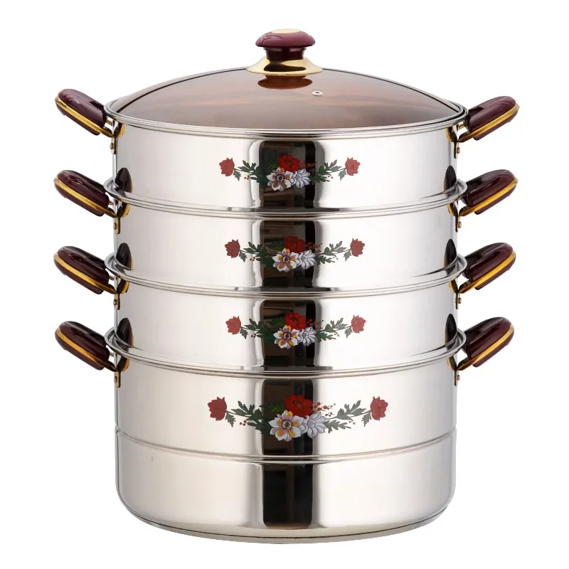 

Stacking and Steamer Set 4-Layer Stainless Steel with Glass Lid Soup and Stock Pot Metal Eco-Friendly