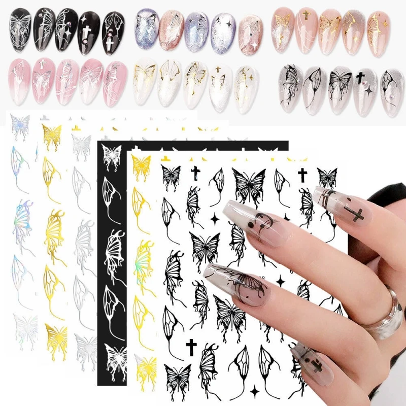 6Pcs Nail Back Adhesive Waterproof Sticker Y2K Butterfly Shape Laser Gradient Color Kawaii Bow Cute DIY Nail Decoration Art