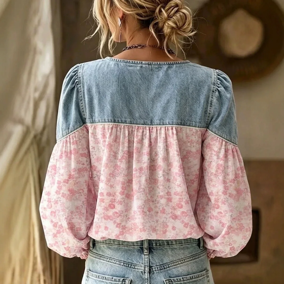 Cowboy Patchwork Shirt Deep V-neck Fluffy Long Sleeved Button Up Shirt With Floral Print Patch For Women Casual Street Date Top 2