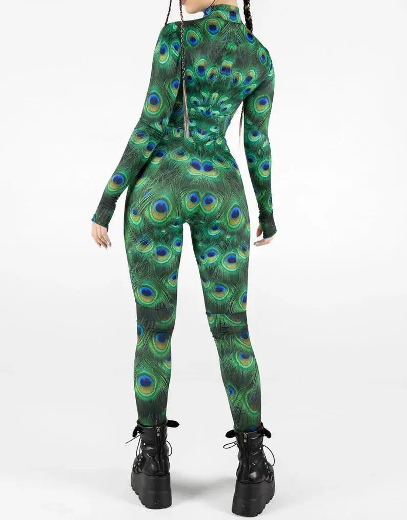 Halloween Damen Cyberpunk Roter Pfauenfeder-Jumpsuit Party Rollenspiel Steampunk Halloween Festtagskostüm Stretch-Bodysuit – Detail 6