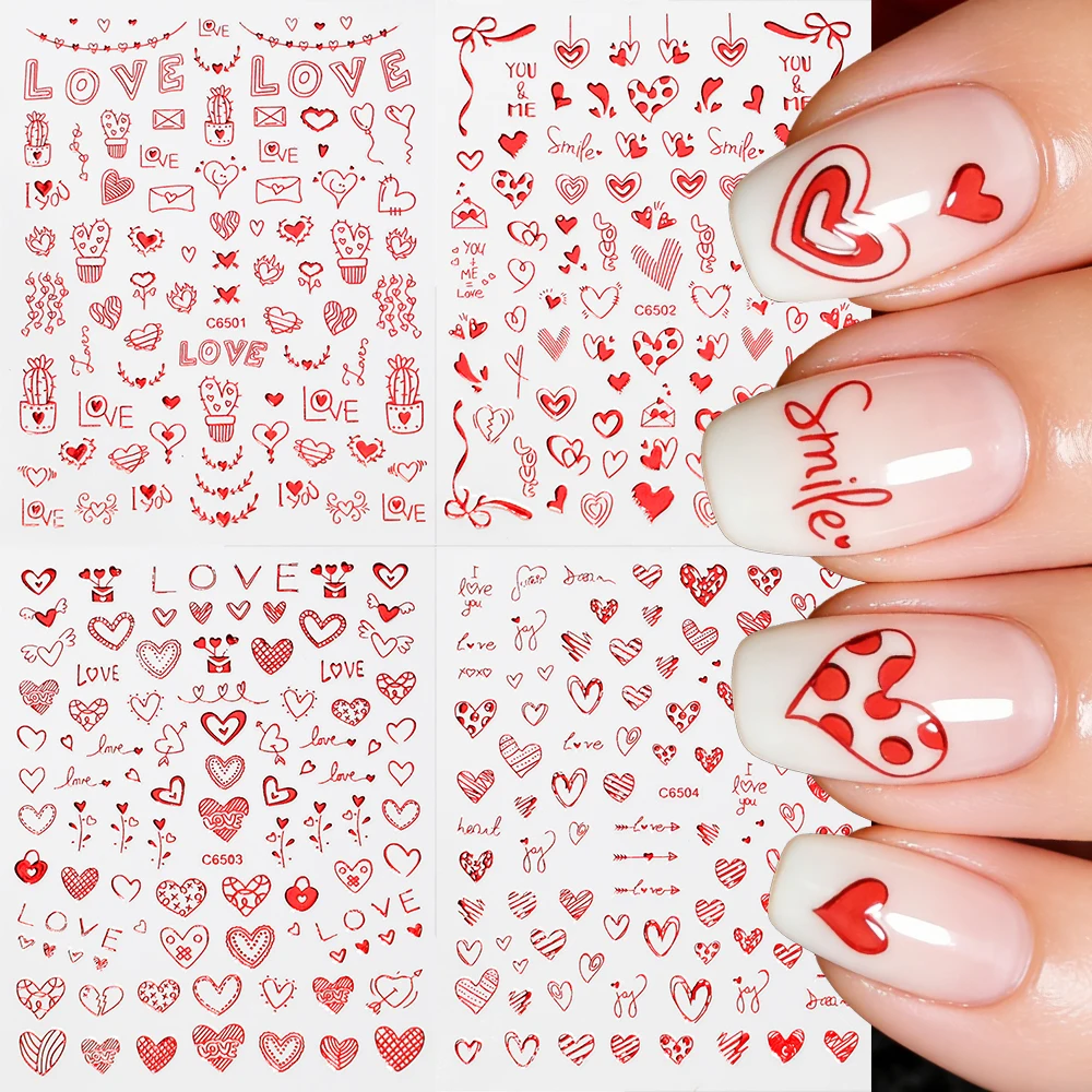 4sheets 3D Bronzing Red Valentines Letters Nail Stickers Heart Love Abstract Flower Design Nail Decals Sexy Self-Adhesive Slider
