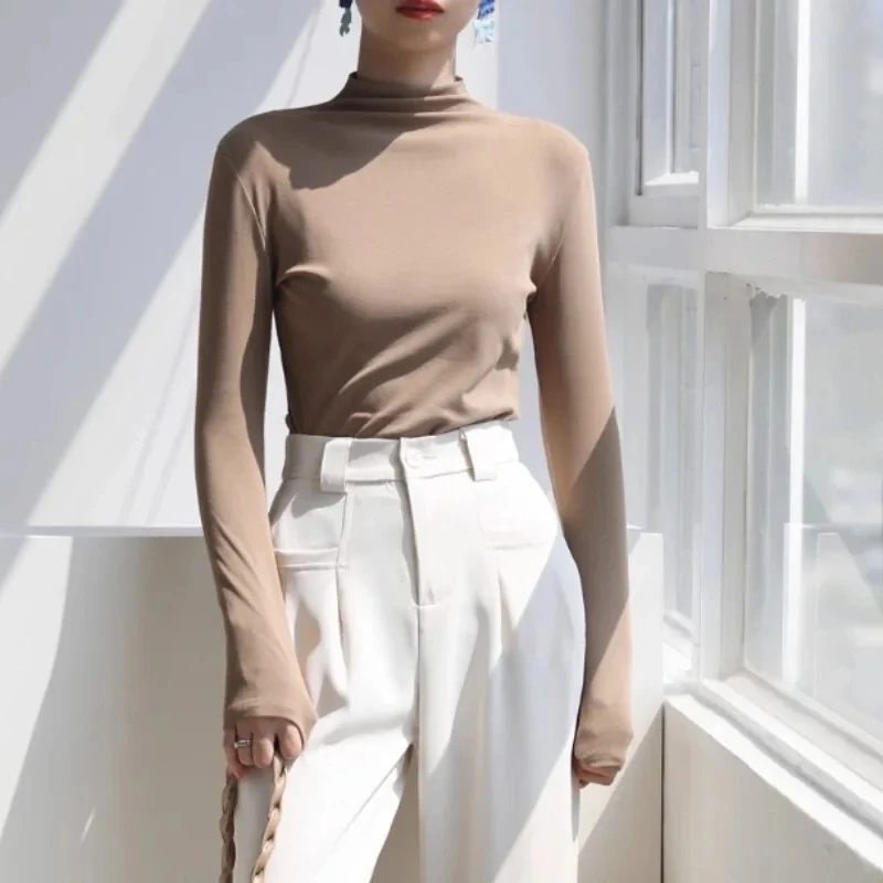 Autumn Winter Women T Shirt Long Sleeve Solid Color Pullover Basic Half Turtleneck Slim Fit Casual Top Korean Fashion Undershirt image 3