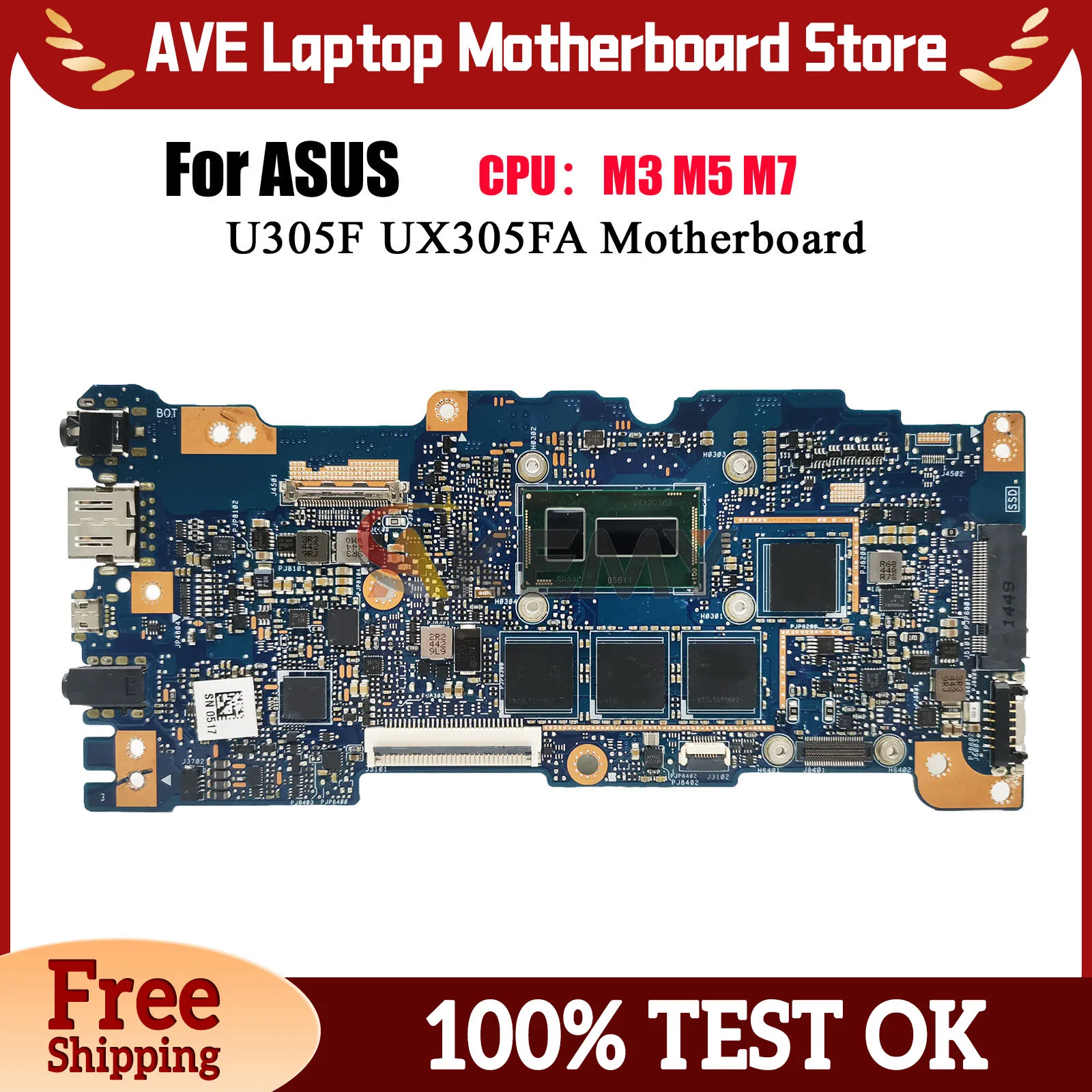 UX305FA Laptop Motherboard For ASUS ZenBook U305F UX305FA UX305F Notebook Mainboard With M3 M5 M7 CPU 100% tests OK fast ship