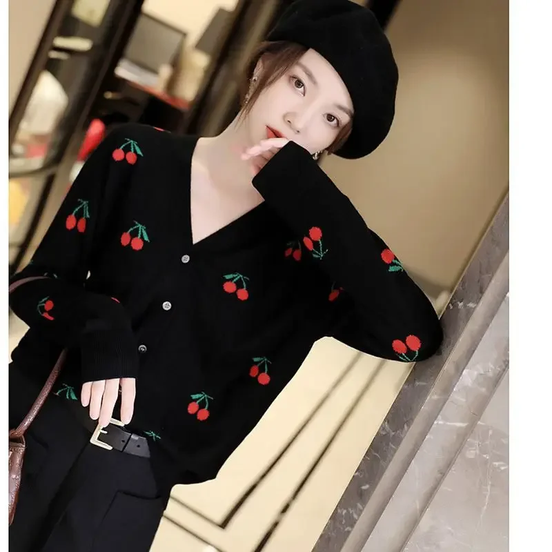 New French Knitted Cardigan Women Sweet Cherry Printed Autumn Elegant V-Neck Long Sleeve Single Breasted Casual Sweater Tops