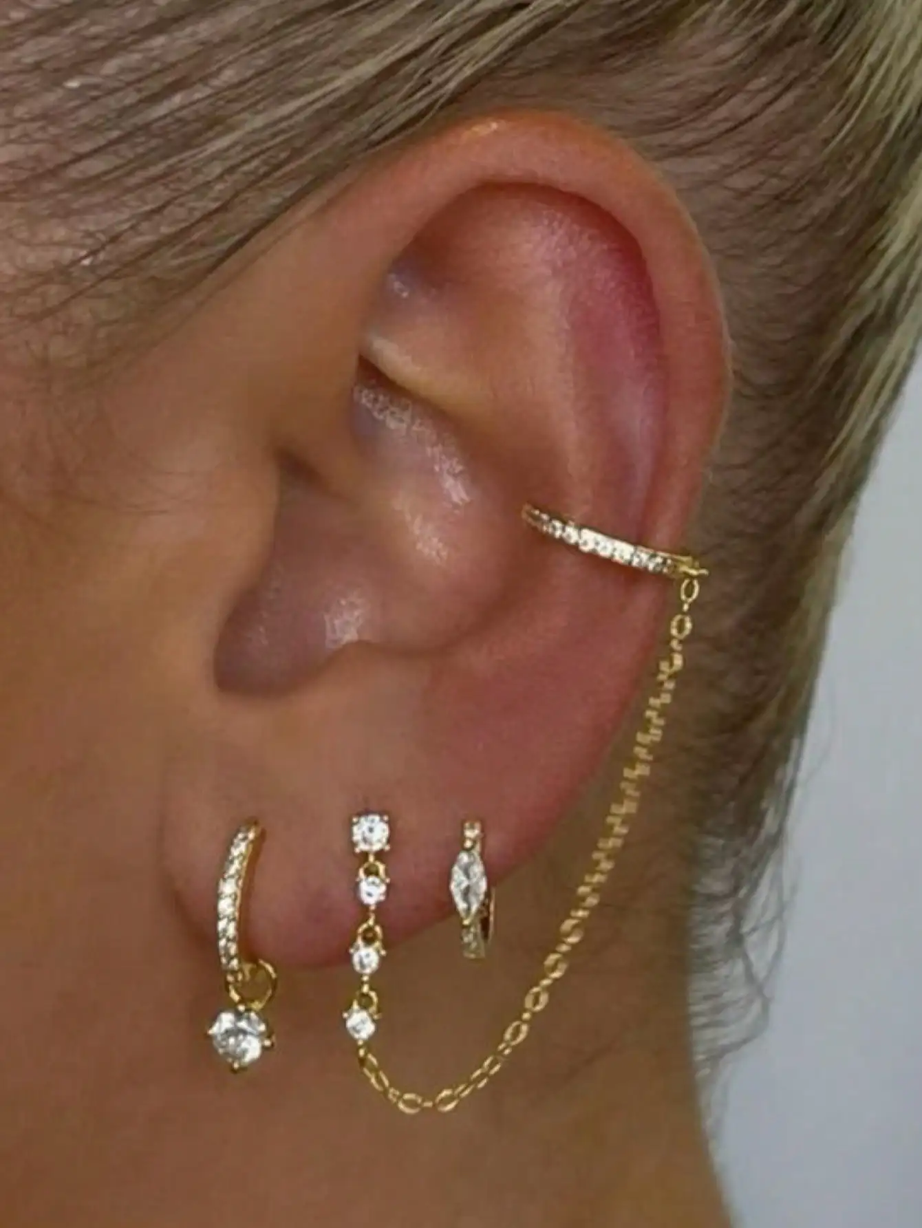 Juego de 3 Piezas de Joyería Fina de Lujo para Mujer, Aretes de Circonita con Diseño de Cadena y Aro, Brazalete de Oreja Apilable, Accesorio Diario Moderno