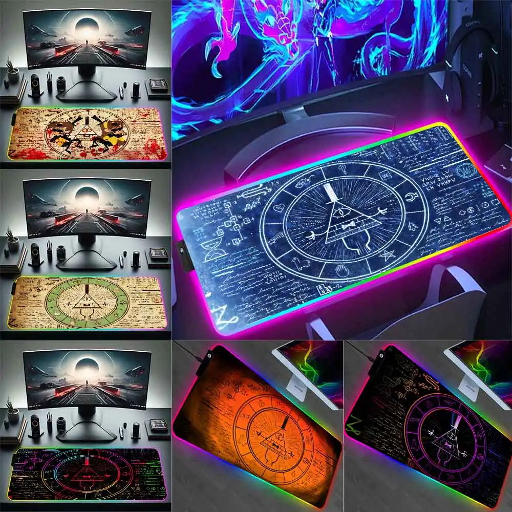 Funny Anime Bill Ciphers RGB Pc Gamer Keyboard Mouse Pad Mousepad LED Glowing Mouse Mats Rubber Gaming Computer Mausepad