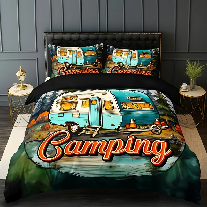 Camping Car Letter Print Bedding Set: (1 Duvet Cover + 2 Pillow Cases) - No Pillow Inserts Included Queen Size For All Season