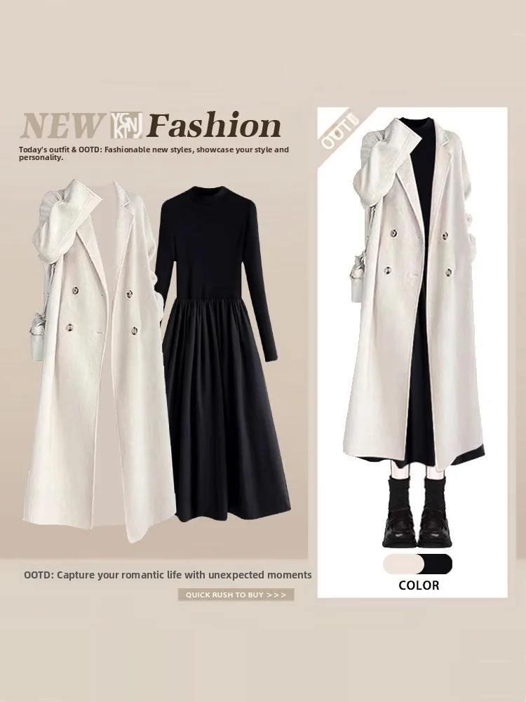 mat Double-Breasted Beige Dr And Coat Set Waist-Cinching Chic Winter Faion Ensemble Long Sve Knitted Top