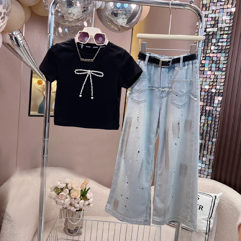 

Girls Suits Summer and Spring 2024 New Short-sleeved T-shirt Children Wide-leg Pants Kiddie Girly Two-piece Set Girls Clothes