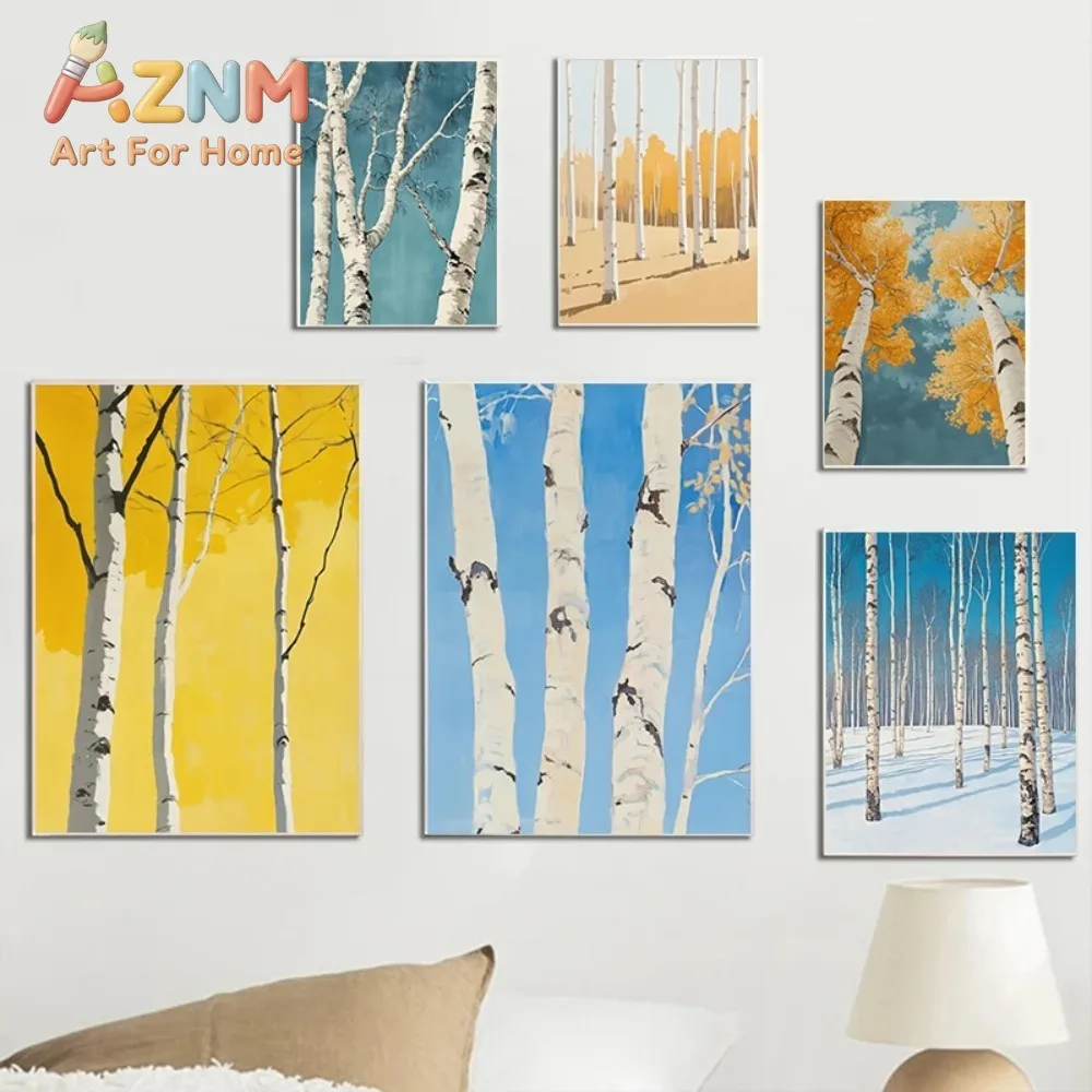 1pc frameless Canvas Painting Minimalist abstract Birch Tree Lush Wall  Rustic Nature Canvas Printing Poster Living Room Bedroom