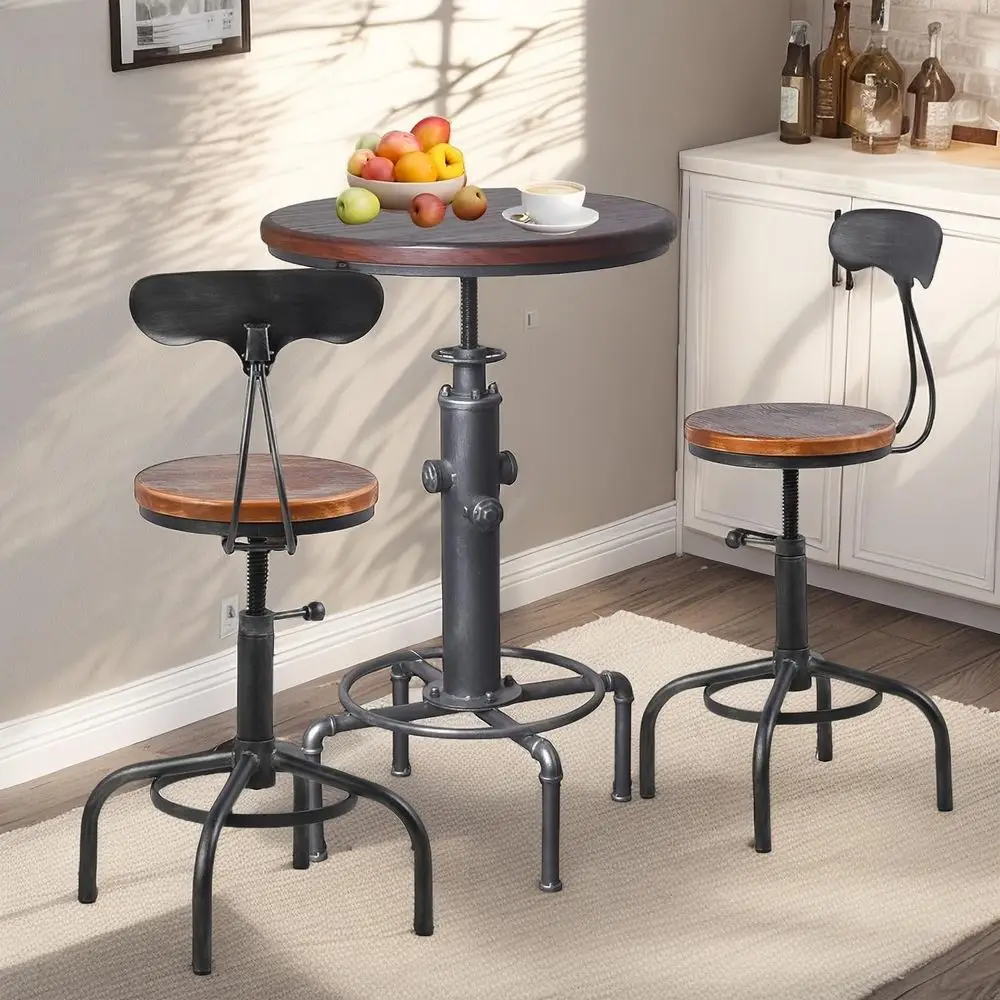 

Round Adjustable Height Pub Table Set with 2 Backrest Stools, Silver