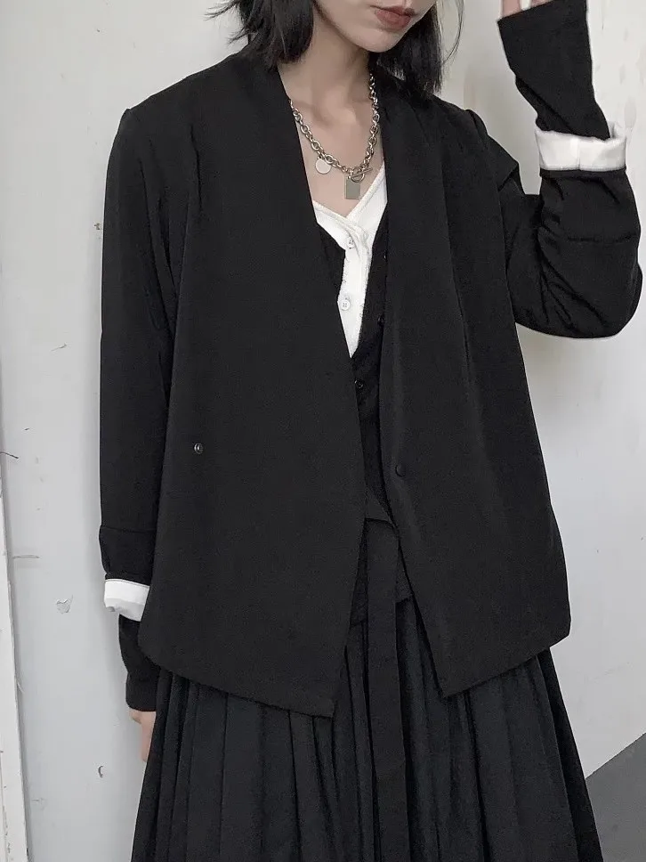 

Casual Loose Women's Short Suit Jacket V-Neck New Chinese Style Spring Autumn Top Dark Japanese Style Small Audience