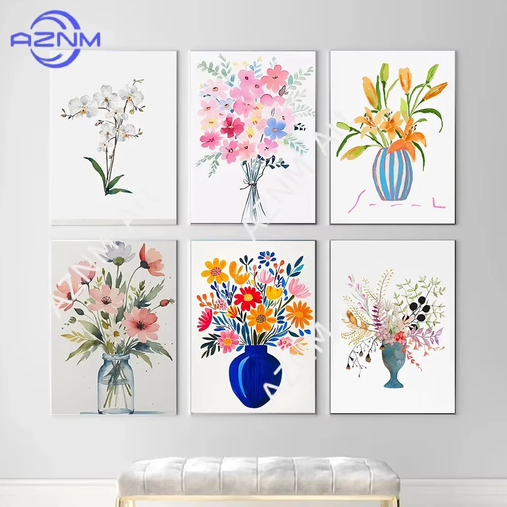 1/6pcs Plant Flower Poster Canvas Painting Printmaking Wall Living Room Home Decor Retro Classic vase Matching