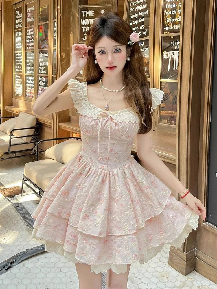 Lolita Zoete Bloemen Jurk Vrouwen Slanke Vliegende Mouw Elegante Leuke Mini Jurk Vintage Casual Kant Patchwork Kawaii Vestidos