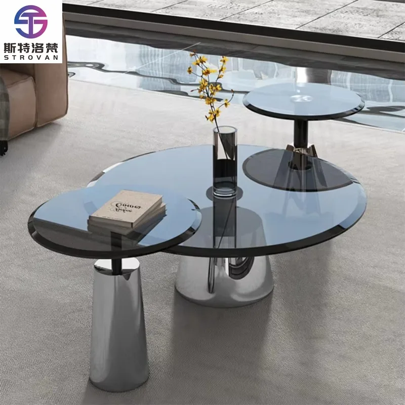 

Minimalist Tempered Glass Coffee Table Silver Stainless Steel Home Living Room Round Coffee Table