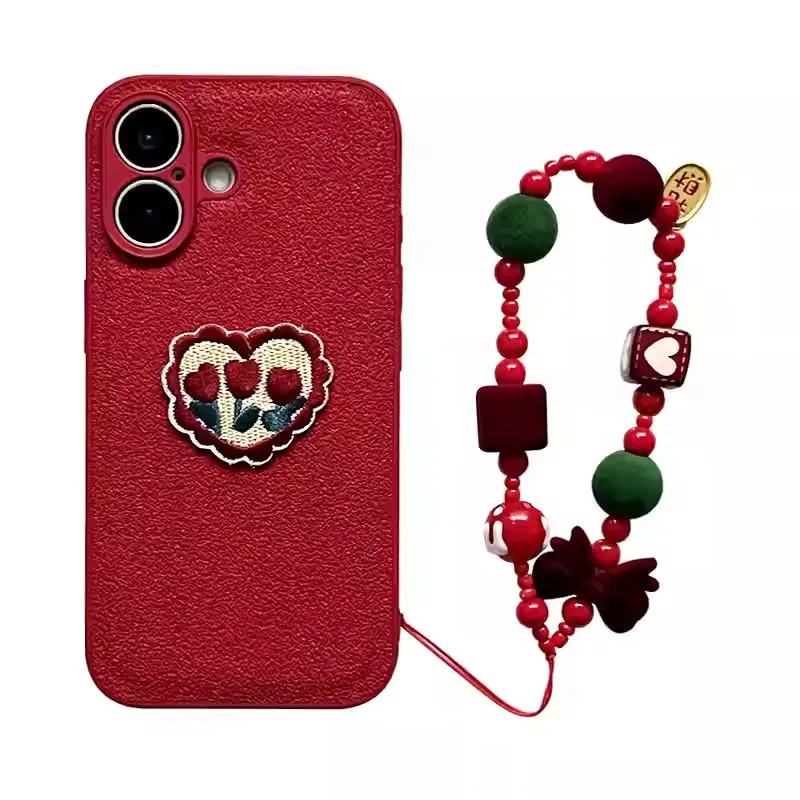 

Red Embroidered Tulip Bracelet Phone Protective Case for iPhone 17promax 16pro 15plus 14 13 12 11 Xsmax Xr Girl Phone Back Cover