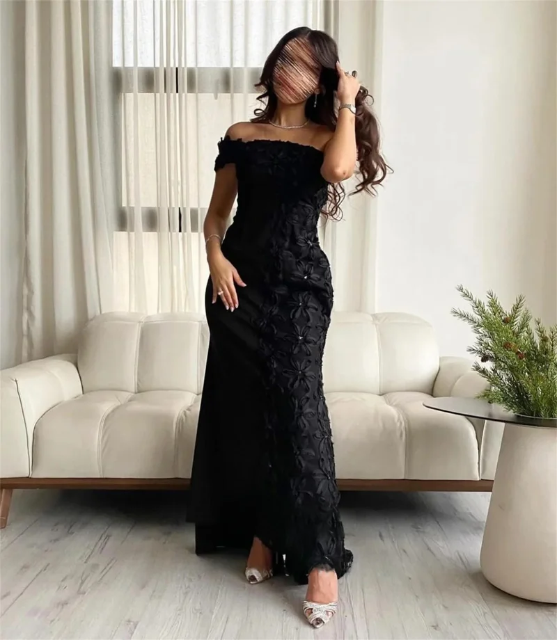 2024 Evening Woman Gala Prom Black Off the Shoulders 3D Flowers Elegant Plus Size Party Dresses for Special Occasions