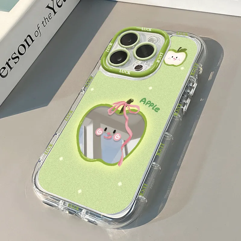Cute Green Apple Air Cushion Mirror Phone Case For iPhone 17 15 14 16 Pro Max 13 12 11 Pro XR XS 7 8 Plus 17Air Girl INS Cover