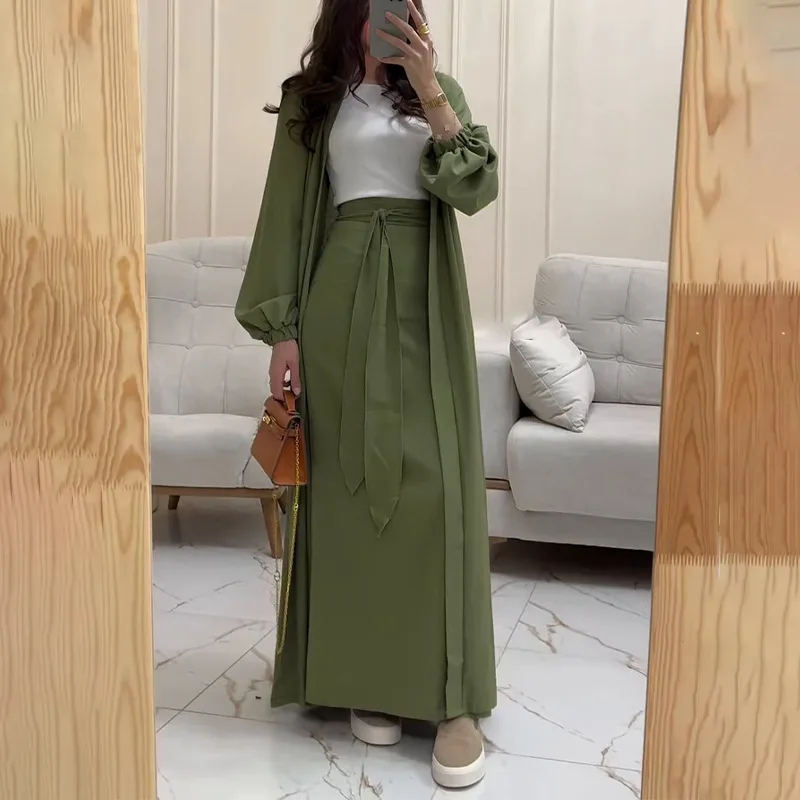 Simple And Fashionable Two-piece Commuting Skirt Suit Sexy V-neck Long-sleeved Cardigan And Lace-up Skirt Suit Solid Color Suit