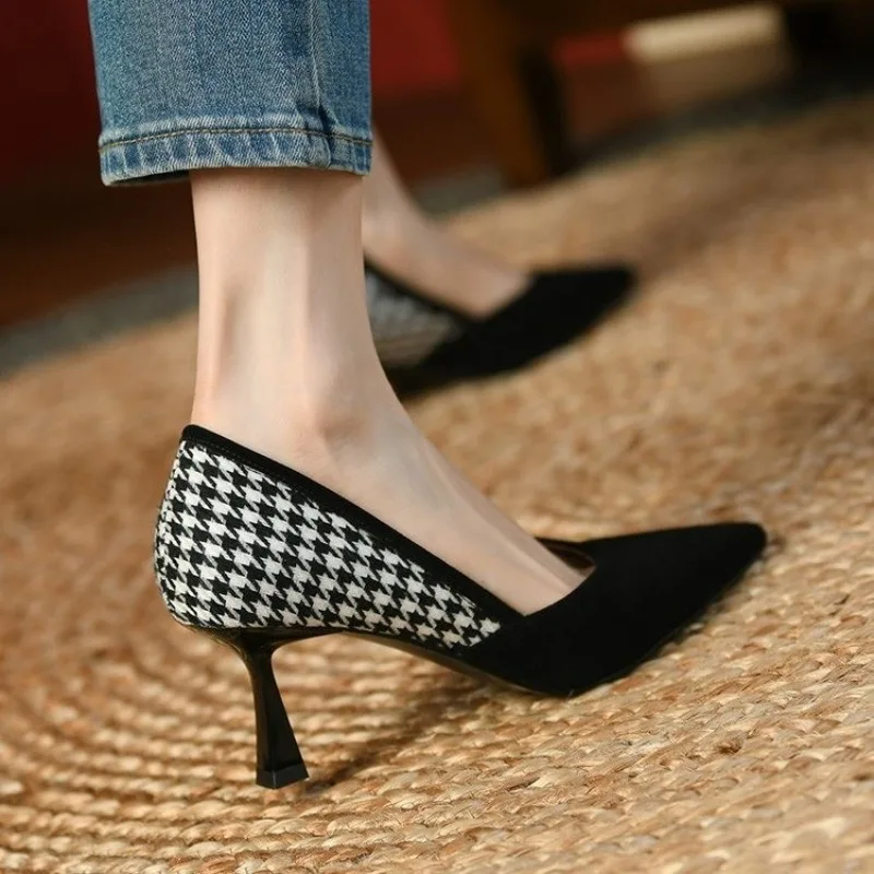 7 CM Heels Shoes French Style Plaid Women Pumps Office Lady Slip On Casual Shallow Shoes Stiletto Heels Pointed Toe