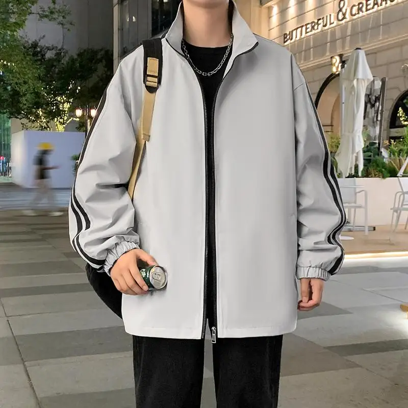

Spring Autumn Stand Collar Baseball Jaet Men's Youth Casual Sports Coat Striped Windbreaker Fce Zipper ket Regular Fit